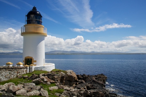 The lighthouse at Port Charlotte looking across to Bowmore.